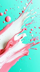 Dynamic splashes of pink and white liquid, along with small droplets, are captured in motion against a bright teal background.
