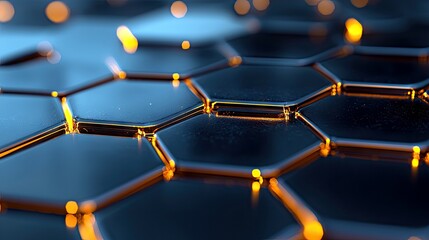 A close-up view of a dark, reflective hexagonal grid with glowing orange lines and blurred orange lights in the background.