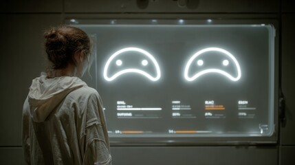 Woman analyzes data on futuristic display with glowing interface, contemplating innovative technology solutions and data insights for the future of AI design