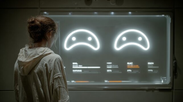Woman analyzes data on futuristic display with glowing interface, contemplating innovative technology solutions and data insights for the future of AI design