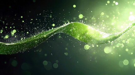 A dynamic green wave flows through a dark background, adorned with shimmering particles and soft, out-of-focus lights.