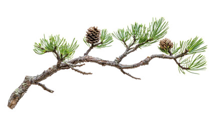A pine branch with pine cones and green needles against a white background.