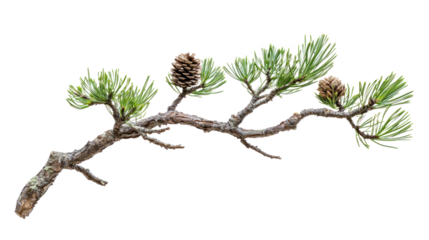 A pine branch with pine cones and green needles against a white background.
