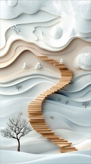 A surreal, layered landscape in soft pastel and white hues features a winding wooden staircase ascending through undulating terrain.