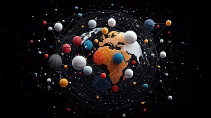 A stylized Earth is surrounded by a network of interconnected spheres and lines, suggesting global connectivity and data flow.