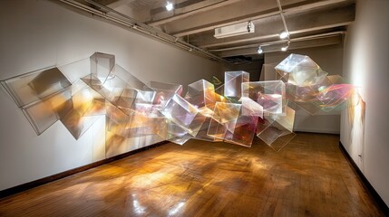 A dynamic, large-scale installation of translucent geometric forms, creating a vibrant light display on the floor and walls of an art gallery.