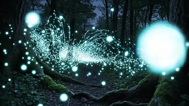Enchanting forest path design with glowing orbs and magical light effects in a mystical woodland setting