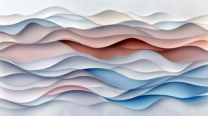 Layered paper art creates a serene abstract landscape with undulating waves in soft pastel hues of blue, pink, and beige.