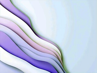 A soft, abstract background features layered, wavy shapes in pastel shades of purple, white, and light blue.