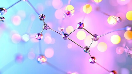 A close-up, abstract view of a molecular structure composed of shimmering crystal nodes connected by thin metallic rods, set against a soft background of bokeh
