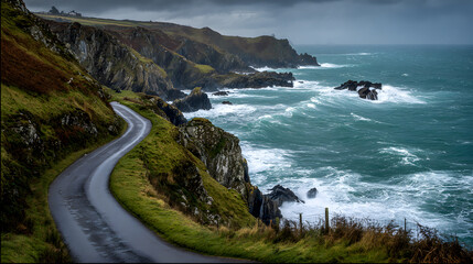 Dramatic Seascape with Wet Road and Overcast Sky