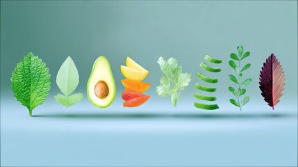 A collection of fresh food items and leaves, including avocado, citrus, herbs, and various leaves, are displayed in a line on a pale blue surface.