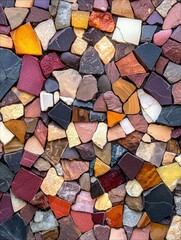 A close-up, abstract view of a wall constructed from many irregularly shaped and colored pieces of stone.