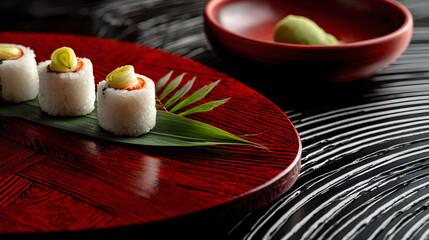 Sushi on a red wooden plate on a blurred background with space for text. Food background illustration.