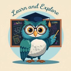 Wise Educator: A charming owl wearing graduation cap and glasses stands before a chalkboard filled with equations. The image suggests educational exploration.