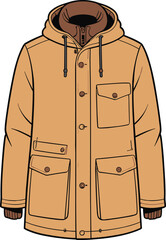 Men's Classic Tan Parka Coat Technical Fashion Illustration with Hood, Multiple Pockets, and Adjustable Drawstrings Isolated Outerwear Mockup