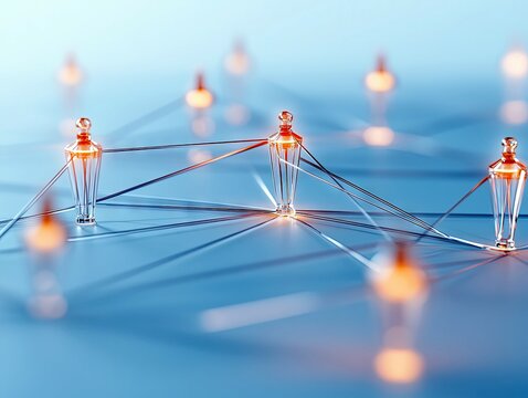 A network of abstract, faceted crystal figures are connected by thin, glowing lines against a soft blue background. - Powered by Adobe