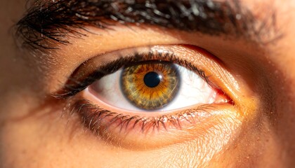 Obraz premium A close-up view of a human eye with a multi-colored iris. Eyelashes and eyebrows are visible, along with skin texture. The eye catches the light