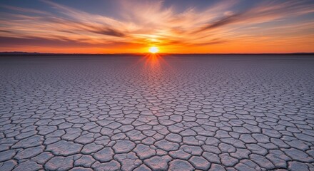 Cracked earth landscape under a blazing sunset evokes the consequences of drought