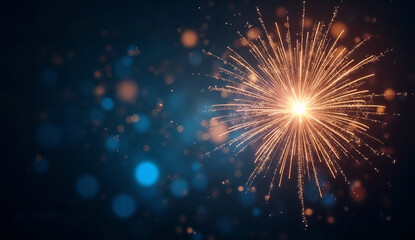 Fototapeta premium Fireworks with blue and gold abstract bokeh background