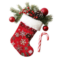 A festive red Christmas stocking filled with holiday decorations and ornaments.