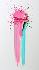 A vibrant abstract composition featuring thick, textured paint strokes in pink and turquoise, with scattered powder particles.
