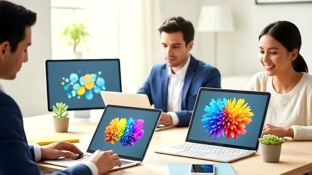 Diverse team collaborating on digital marketing strategy using modern laptops at office