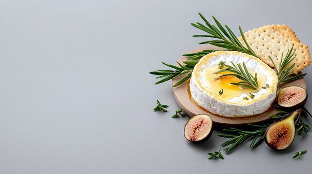 A round of baked brie cheese topped with honey and rosemary, presented with sliced figs and crackers on a wooden board.