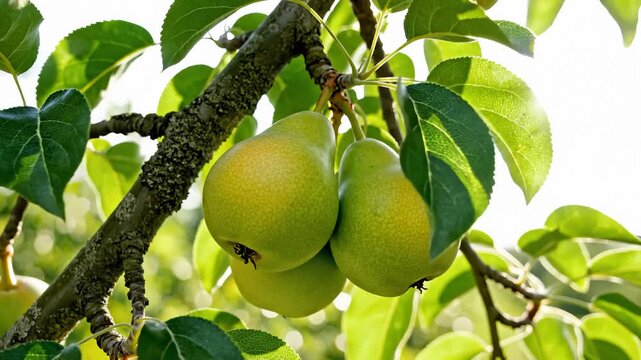 Pears Growing on Tree Branch in Sunlight