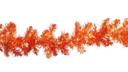 A red and orange tinsel garland with a white background.