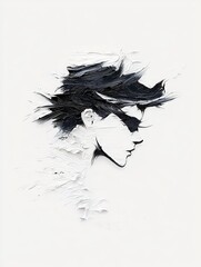 A minimalist abstract painting features the profile of a person rendered with bold black and white paint strokes against a stark white background.