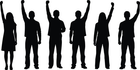 People Raising Fists Silhouette Vector Set, Protest Demonstration Crowd Pictogram, Activism and Revolution Symbol, Black Icons Collection, Power