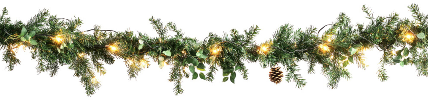 A Christmas garland with greenery, pine cones, and white lights.