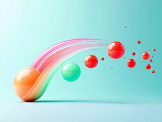 A colorful abstract composition featuring a curved, flowing element resembling a rainbow, with spheres of various sizes and colors moving along its path.