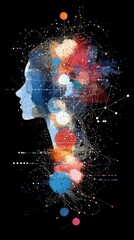 A profile silhouette of a woman's head is depicted, filled with vibrant, abstract splashes of color and a network of interconnected dots and lines.