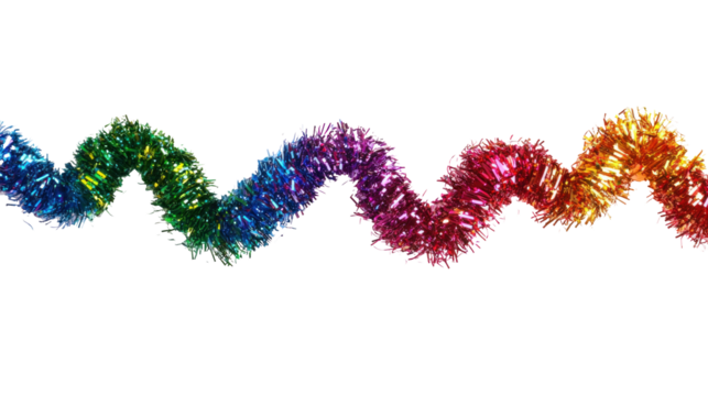 A rainbow-colored tinsel garland with a white background.