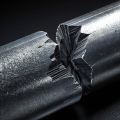 Macro of fractured metal showing angular breaks and textured surfaces in a dark environment