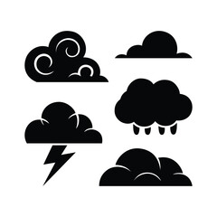 Collection of Black Cloud Silhouettes with Lightning and Rain Isolated on White Background Weather Icon Graphic Design