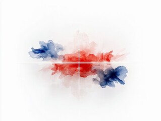 Abstract red and blue ink splashes are arranged symmetrically on a white background, intersected by thin white lines.