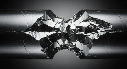 Striking monochromatic close-up of a metal bar broken in the middle with sharp, fractured edges