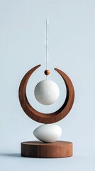 A delicate arrangement of balanced objects, featuring a wooden base, an egg-shaped stone, a wooden ring, and suspended spheres, creating a sense of harmony and
