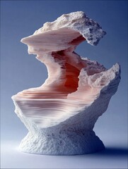 A detailed, abstract sculpture with visible layers and a gradient of pink to white, set against a solid blue backdrop.