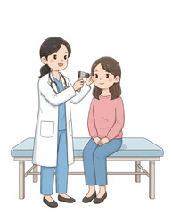 Fototapeta premium Cute illustration of a doctor examining a patient’s ear with an otoscope, friendly medical check-up scene, indoor clinic setting, calm and caring atmosphere.