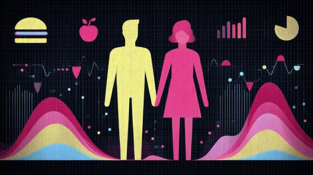 Stylized human figures stand amidst charts, graphs, and icons representing food and health metrics. - Powered by Adobe