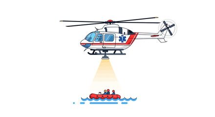 Helicopter shining light on rescue boat in the water during emergency.