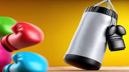 A silver punching bag hangs with black boxing gloves attached, while colorful boxing gloves float in the background.
