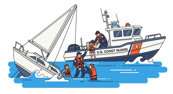 US Coast Guard performing a maritime rescue of people from a sinking sailboat.
