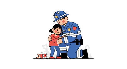 Police officer comforting a scared child with empathy and care.