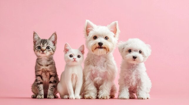 Four small dogs and two cats sitting on a pink background.