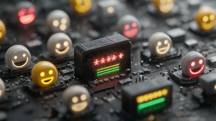 Cybersecurity vulnerability concept with glowing emoji faces on circuit board and password entry screen, illustrating security threats and digital risks